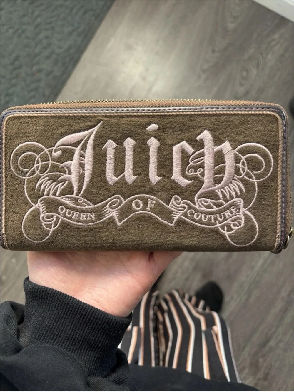 Juicy Couture Olive Wallet with Blush Pink Embroidered Logo
